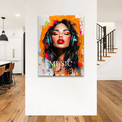 Vibrant wall art: headphones-wearing woman in a contemporary expressionist style with street-art splatters.