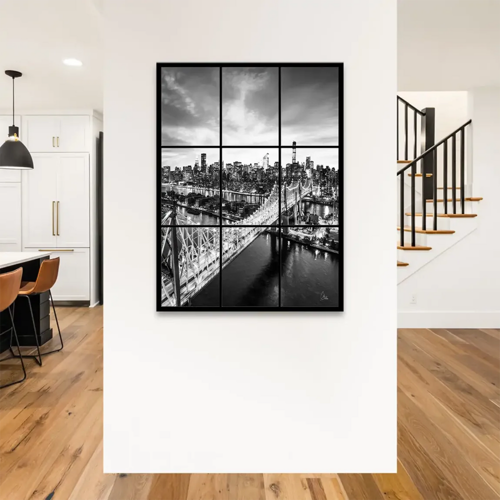 Monochrome cityscape featuring sparkling lights along the river in a window-style multi-panel arrangement.