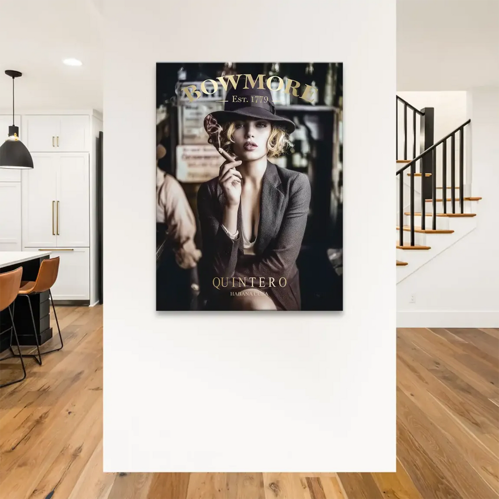Blonde woman in suit jacket and fedora holding a lit cigar in smoky bar setting