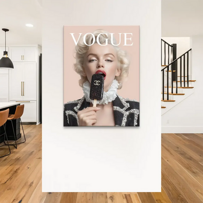 Marilyn Monroe canvas art detail featuring a black pearl-studded ice cream bar with Chanel logo