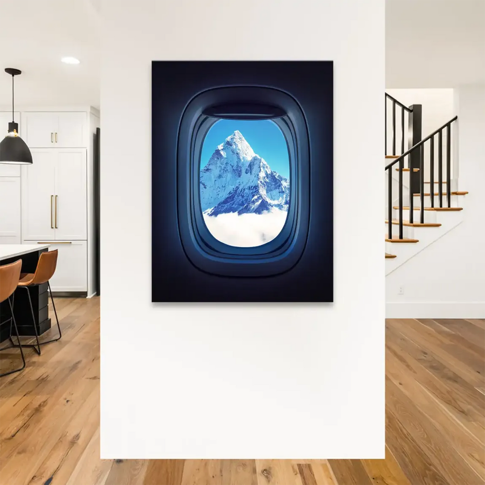 Minimalist travel-inspired wall art showing Everest from a cabin window