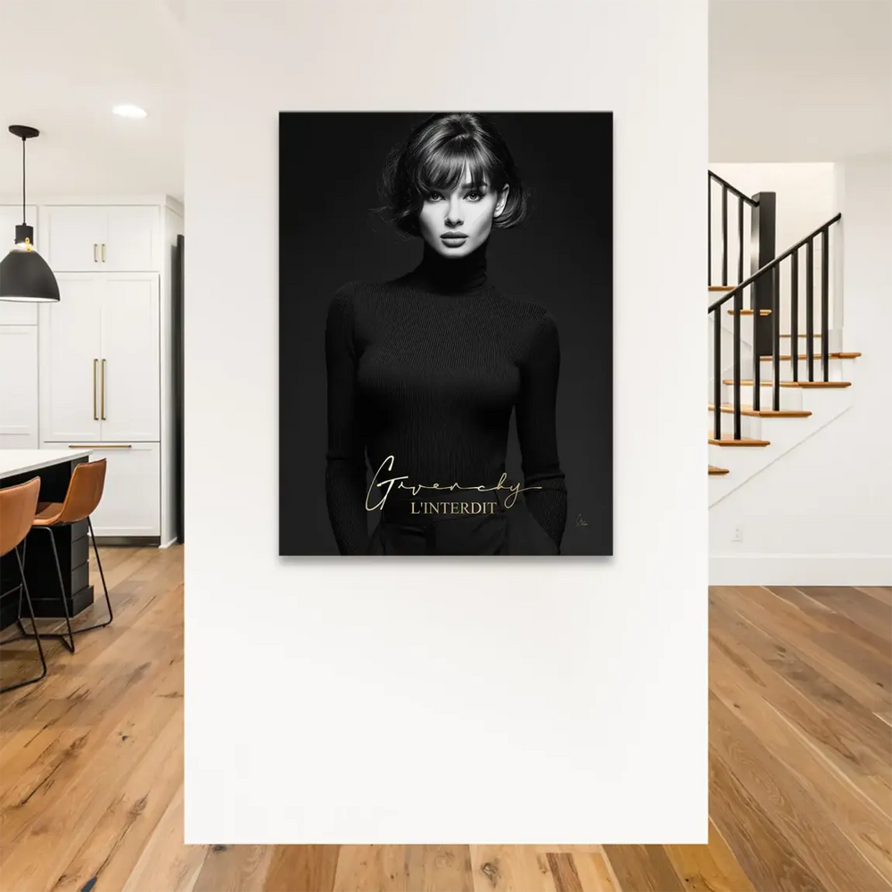 Grayscale fashion portrait with gold Givenchy lettering and The Forbidden branding on a minimalist canvas