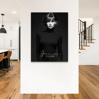 Grayscale fashion portrait with gold Givenchy lettering and The Forbidden branding on a minimalist canvas