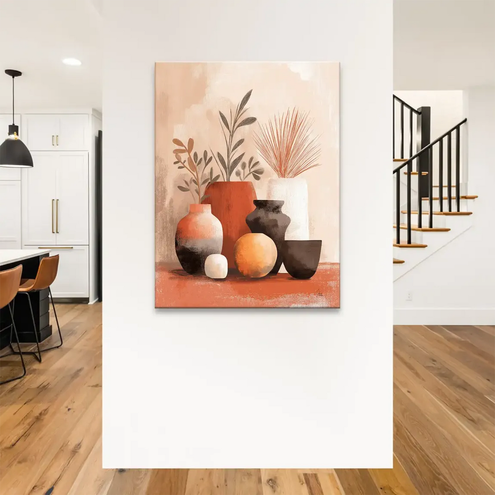 Botanical elements accompany the vases in Terracotta Grace canvas.