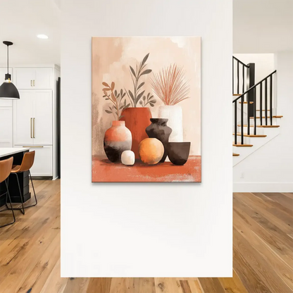 Botanical elements accompany the vases in Terracotta Grace canvas.