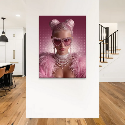 Shiny white and silver tones complement the vibrant pink palette in the canvas print.