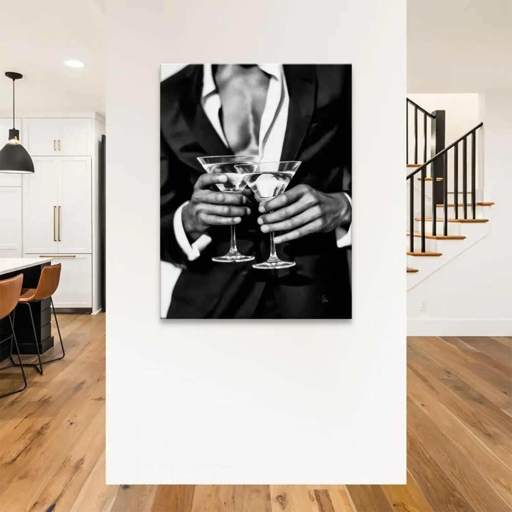 Open-collared suit, chic black and white photo on canvas