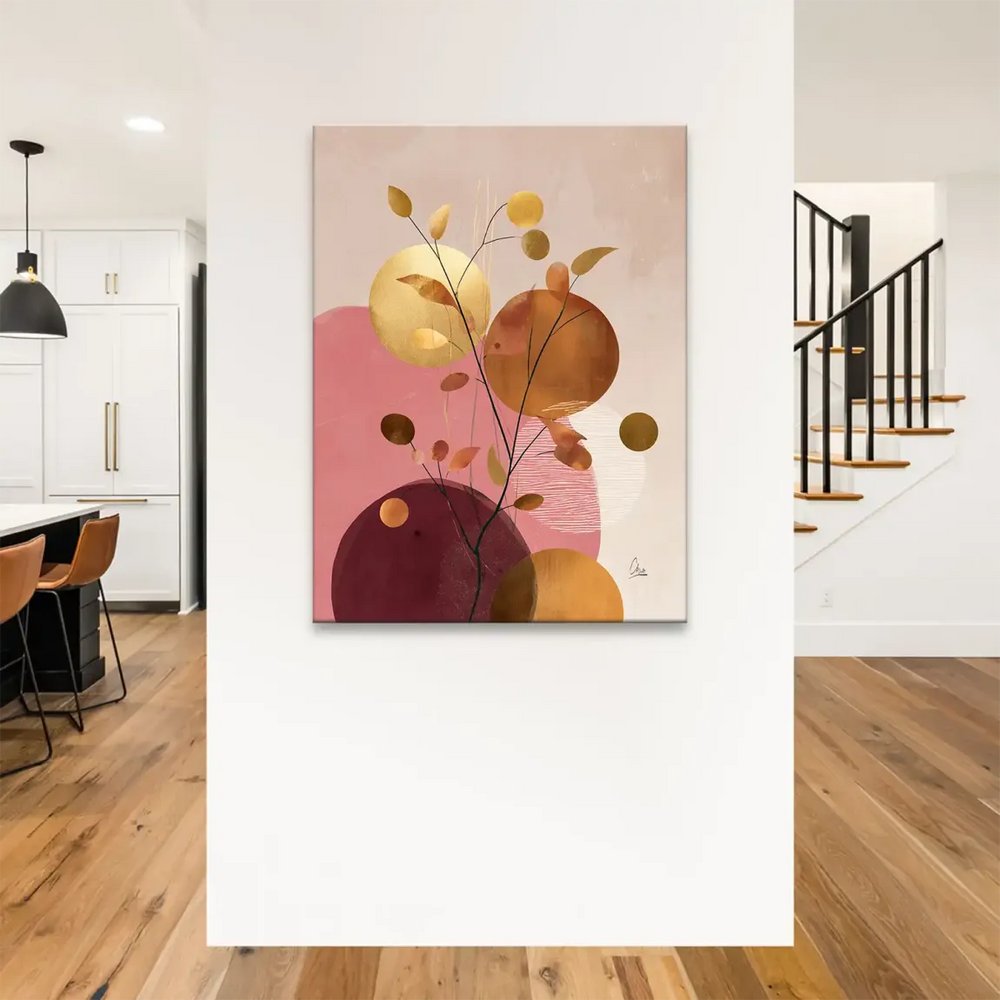Organic shapes and circles form a calm abstract backdrop on beige canvas
