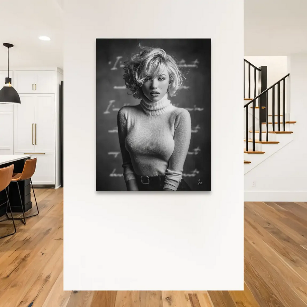 Monochrome portrait with soft blurred background and faint handwritten script