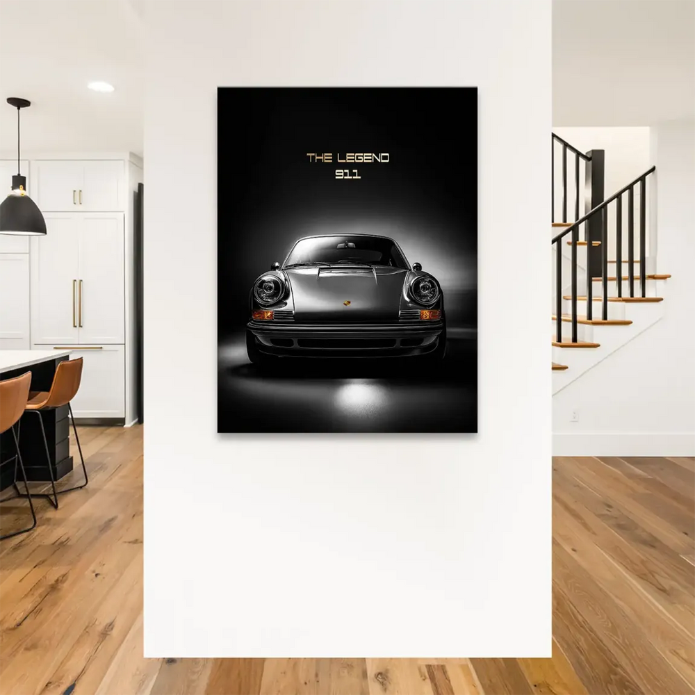 Classic Porsche 911 wall art featuring bold THE LEGEND 911 gold lettering