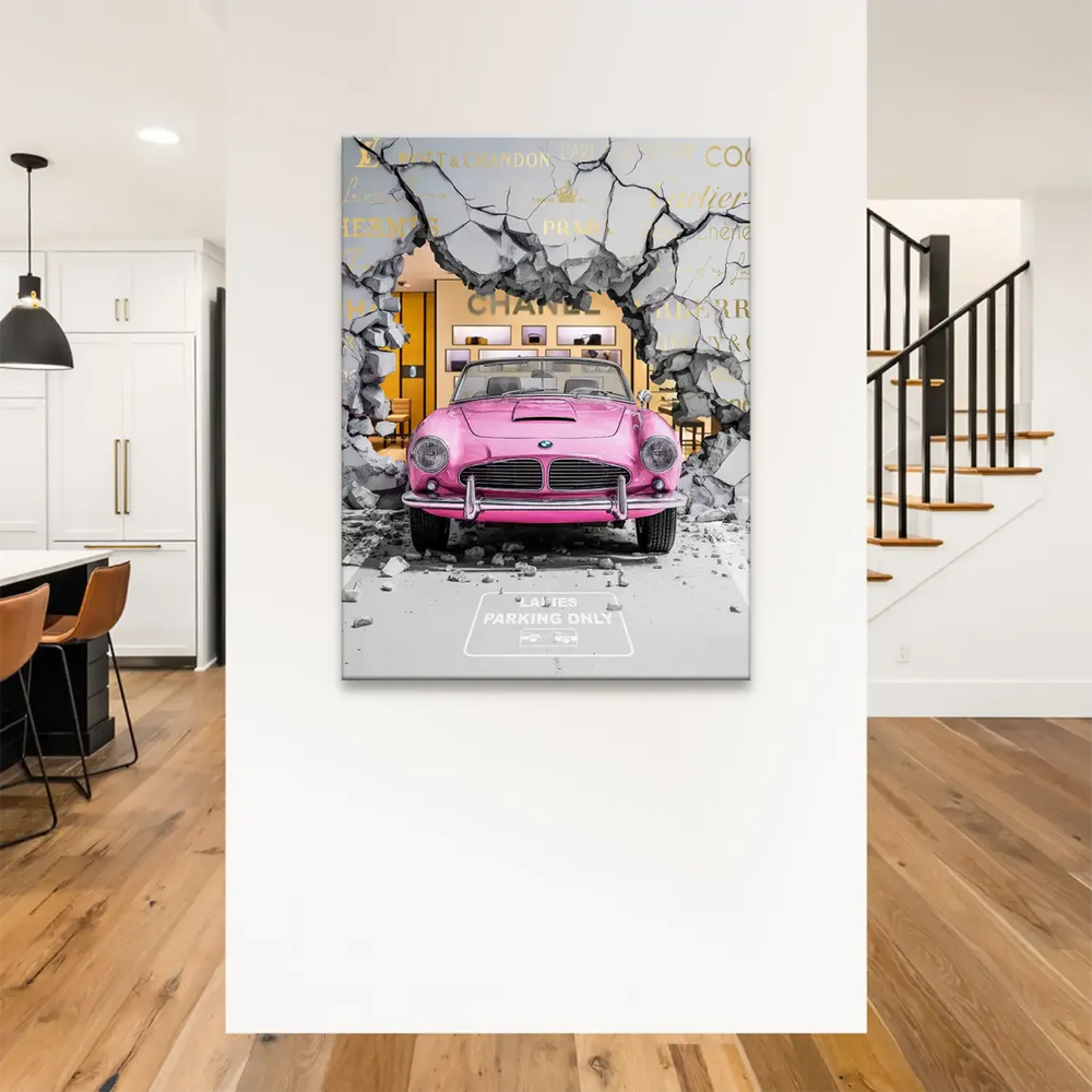 Surreal, playful composition with luxury fashion logos and a glamorous, modern interior backdrop