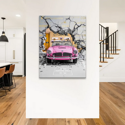 Surreal, playful composition with luxury fashion logos and a glamorous, modern interior backdrop