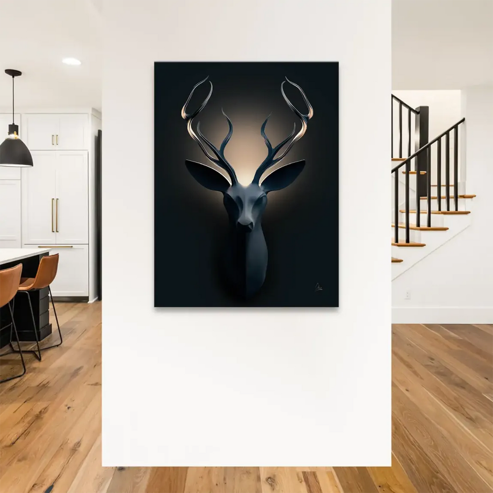 Minimalist deer head canvas art in grey hues with dramatic lighting