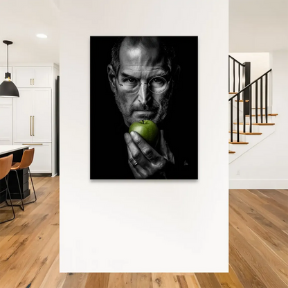 Monochrome portrait wall art with abstract color splash on a clean white background.