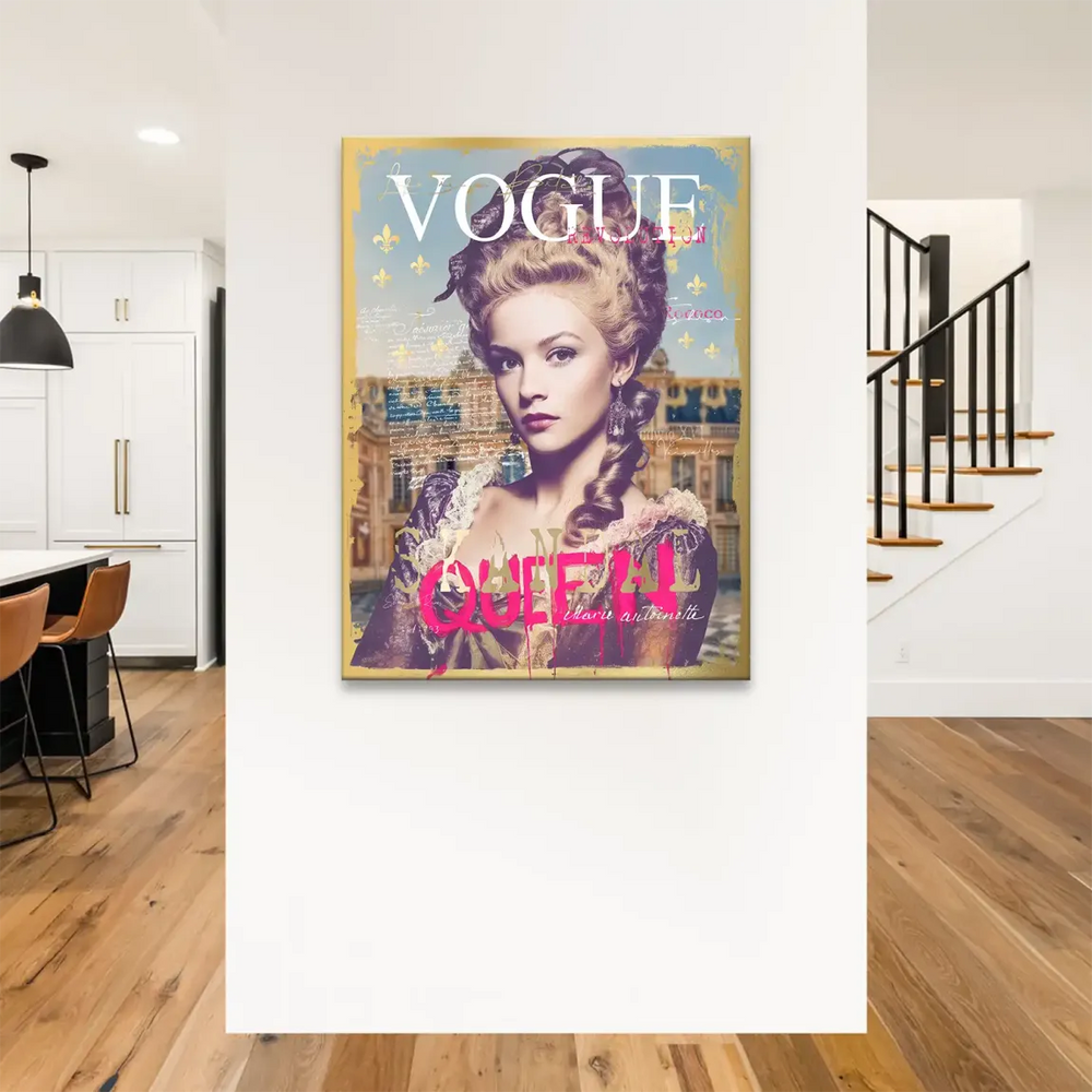 Modern glam wall decor featuring a regal portrait and urban graffiti for living rooms or bedrooms.