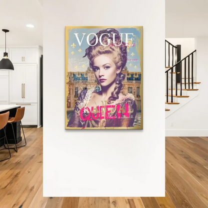 Modern glam wall decor featuring a regal portrait and urban graffiti for living rooms or bedrooms.