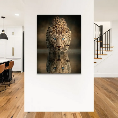 Leopard reflected in still water with warm earthy background