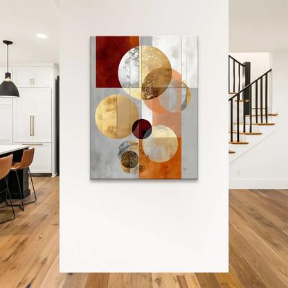 Geometric abstract wall art with gold, silver, and bronze on canvas