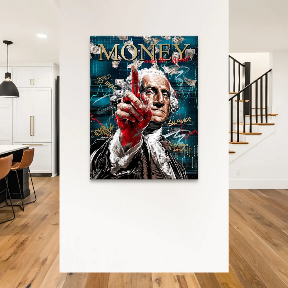 Bold gold MONEY text across the artwork with red accents on Washington's hand and market lines.