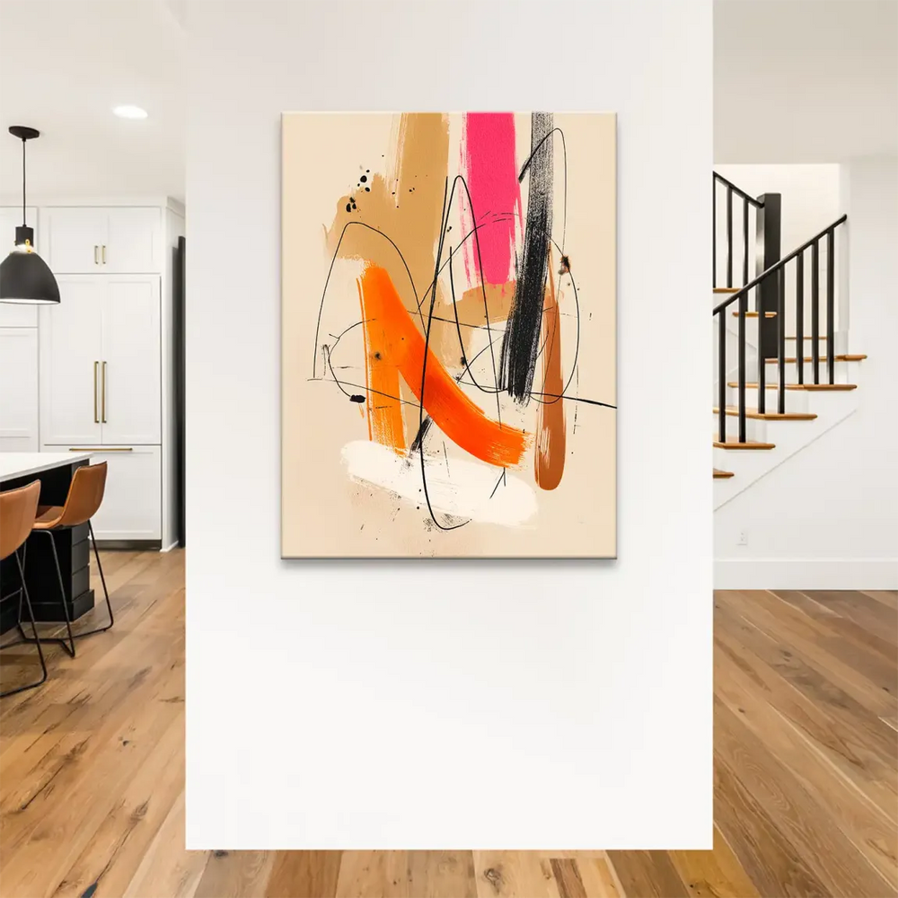 Delicate black calligraphic lines and splatters weave through solid color fields