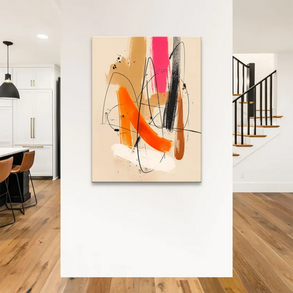 Delicate black calligraphic lines and splatters weave through solid color fields