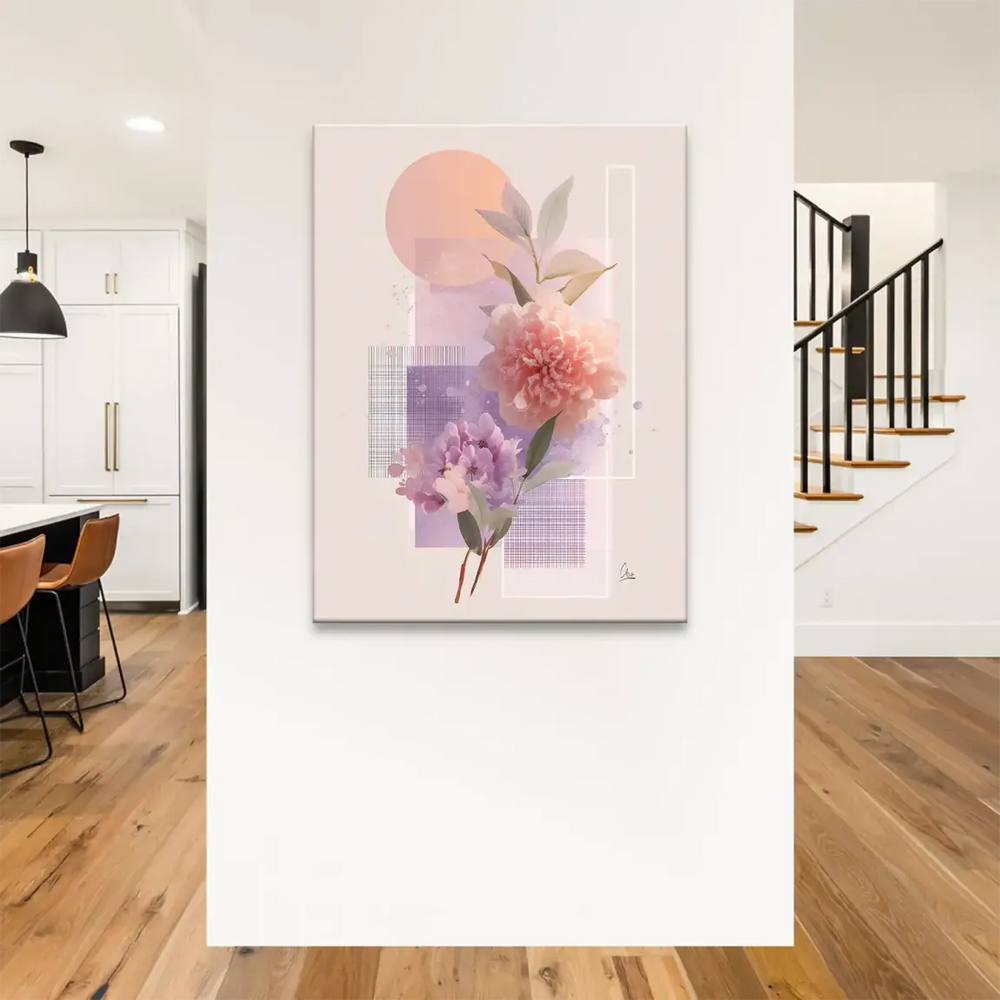 Watercolor petals and pastel shapes including a warm peach circle