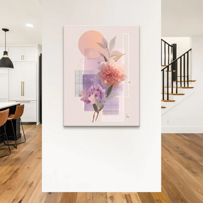 Watercolor petals and pastel shapes including a warm peach circle