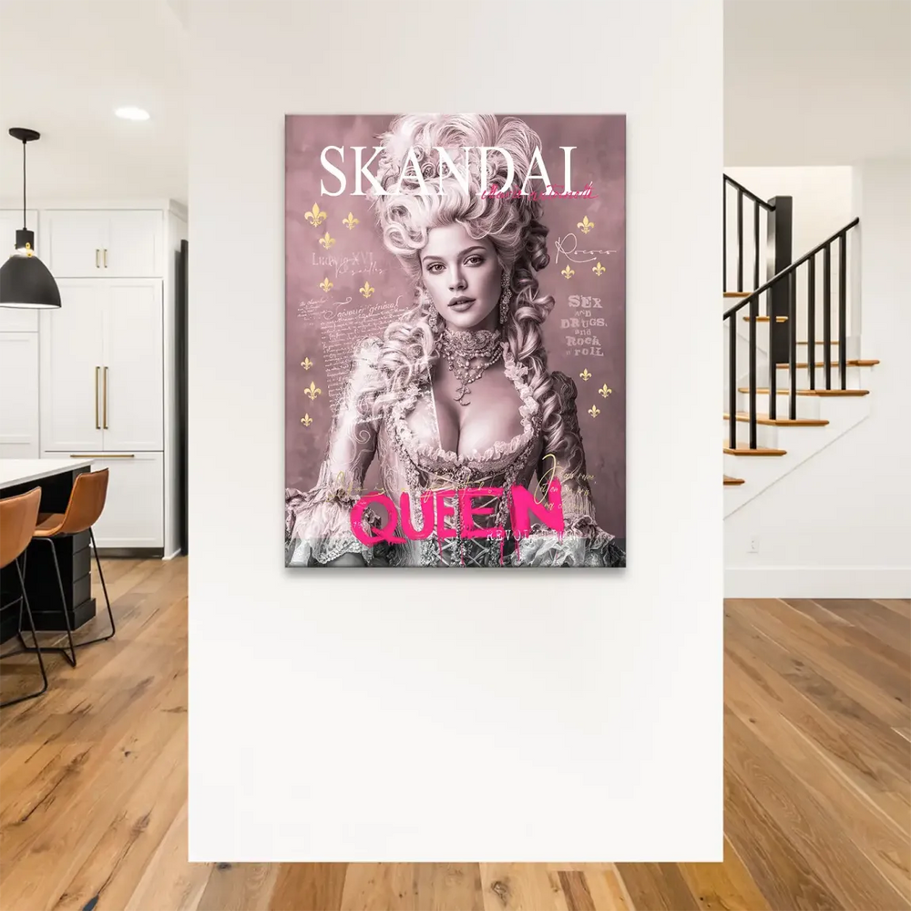 Pop art canvas showing bold typography 'SCANDAL', 'QUEEN' over a luxurious historical portrait