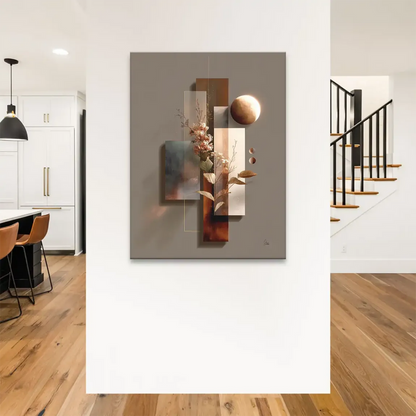 Golden celestial sphere accent against a contemporary botanical-inspired wall art.