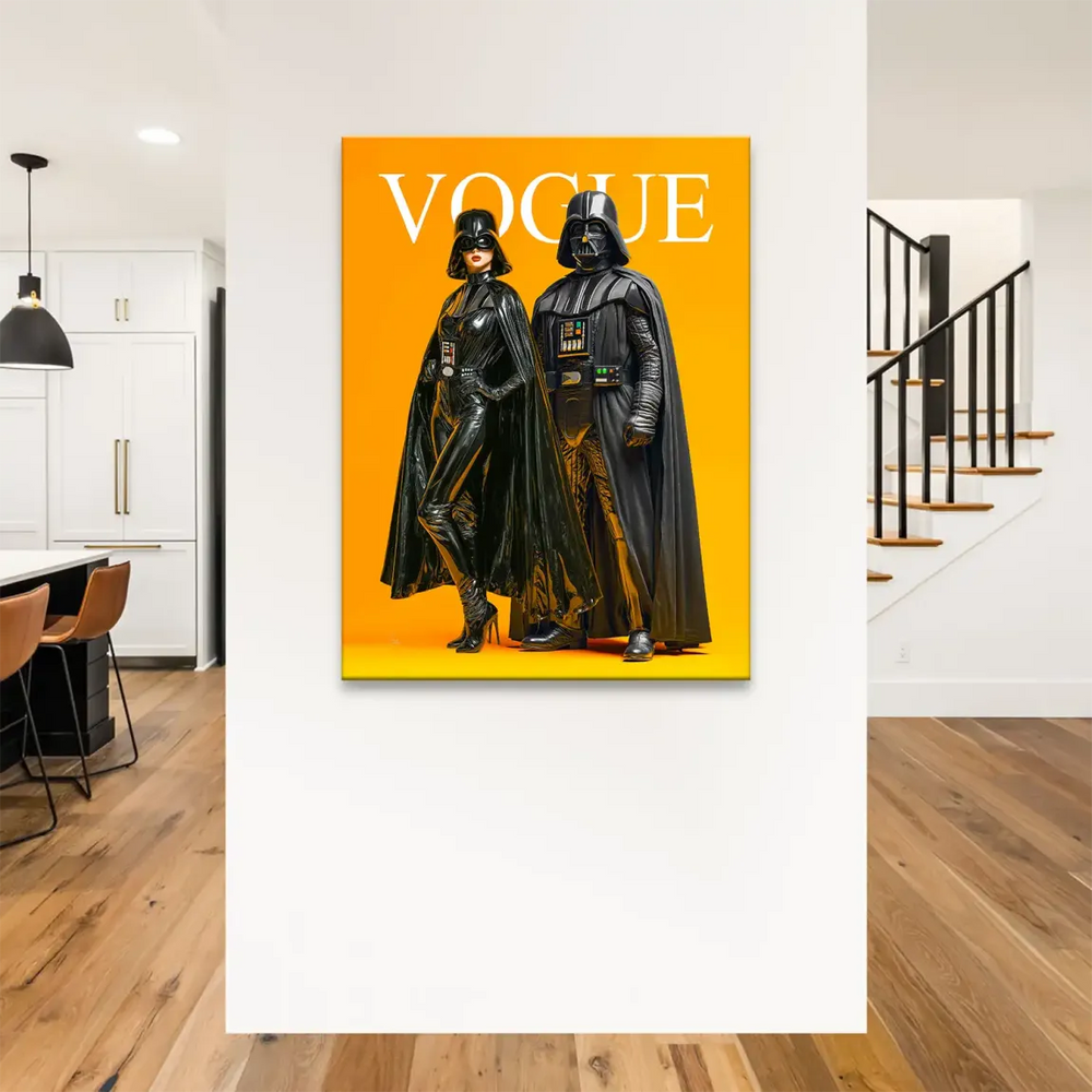 Prominent white VOGUE logo across the canvas merging fashion and sci-fi