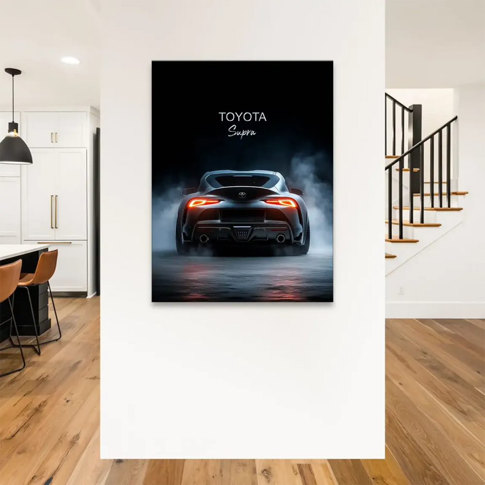 Low-angle automotive wall art featuring the Supra against blue-grey reflections