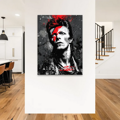 Close-up of Bowie with iconic lightning bolt across the face in grayscale