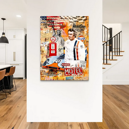 Bold orange, blue, red, and white color blocks frame racing checkered patterns across the artwork.