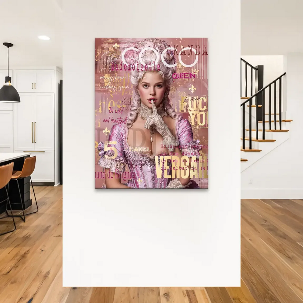 Gold and pink collage backdrop with bold typography and fashion brand nods
