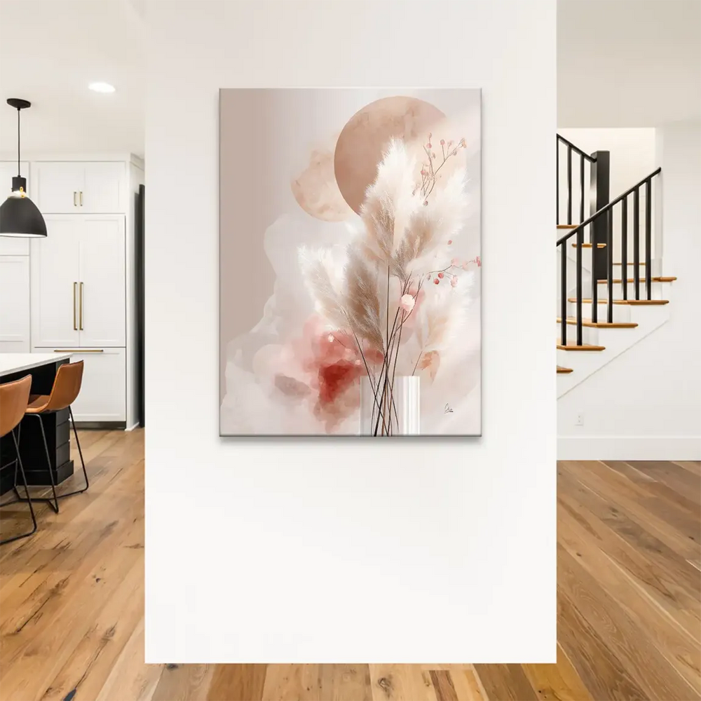 Soft peach and beige botanical wall art with abstract circles and a calm glow