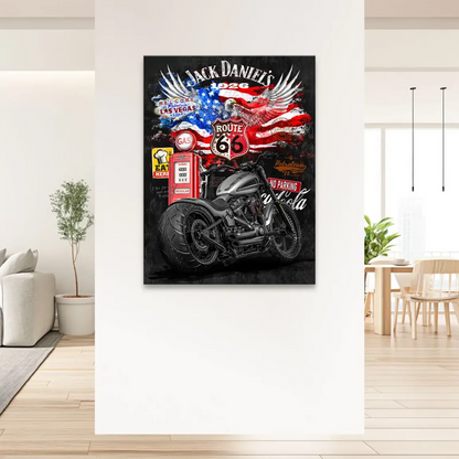 Old-school gas pump is part of the retro motif in the canvas design.
