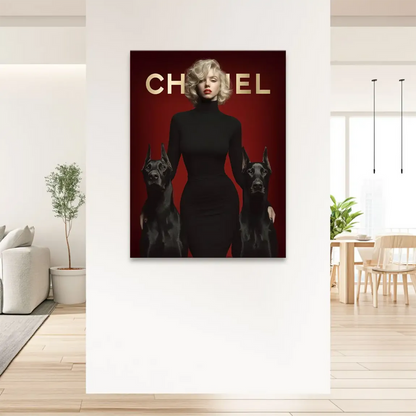 Elegant red CHANEL canvas painting with bold glamour and luxury tones