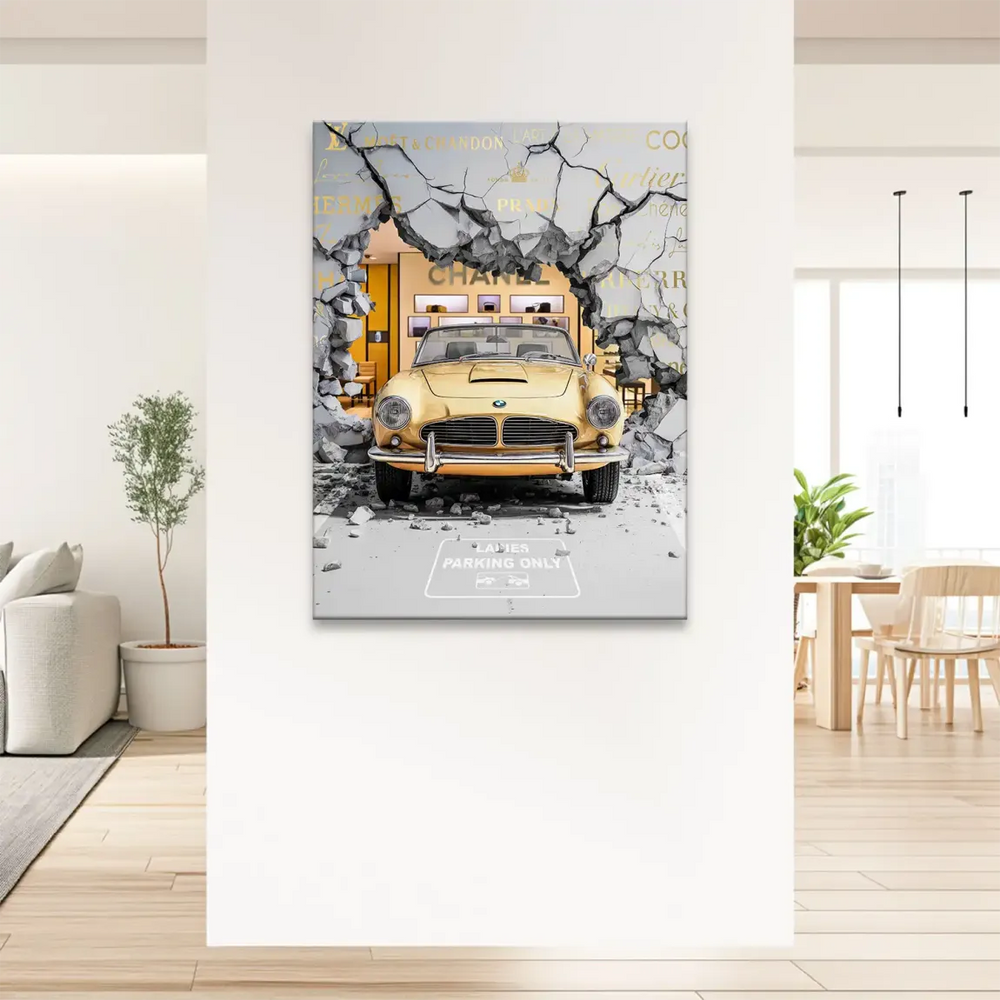 Car and storefront glow against a cool gray and gold color palette.