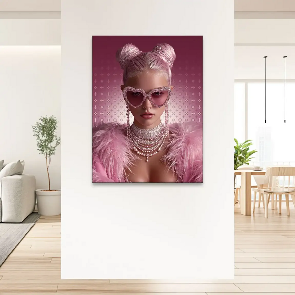 Portrait shows pearls and diamond necklaces against a pink luxury background.