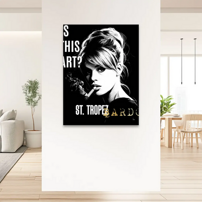 Monochrome wall art featuring St. Tropez Bardot gold text accent on canvas.