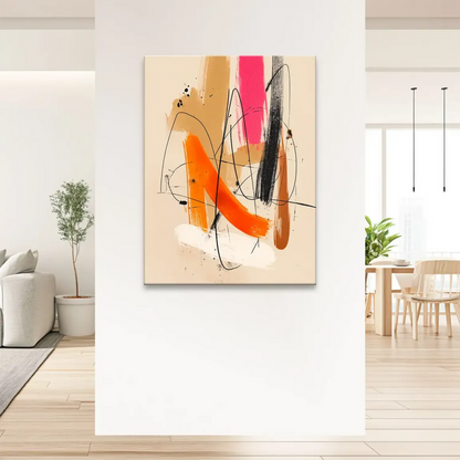 Warm palette of orange, tan, and dark brown with bright pink highlights