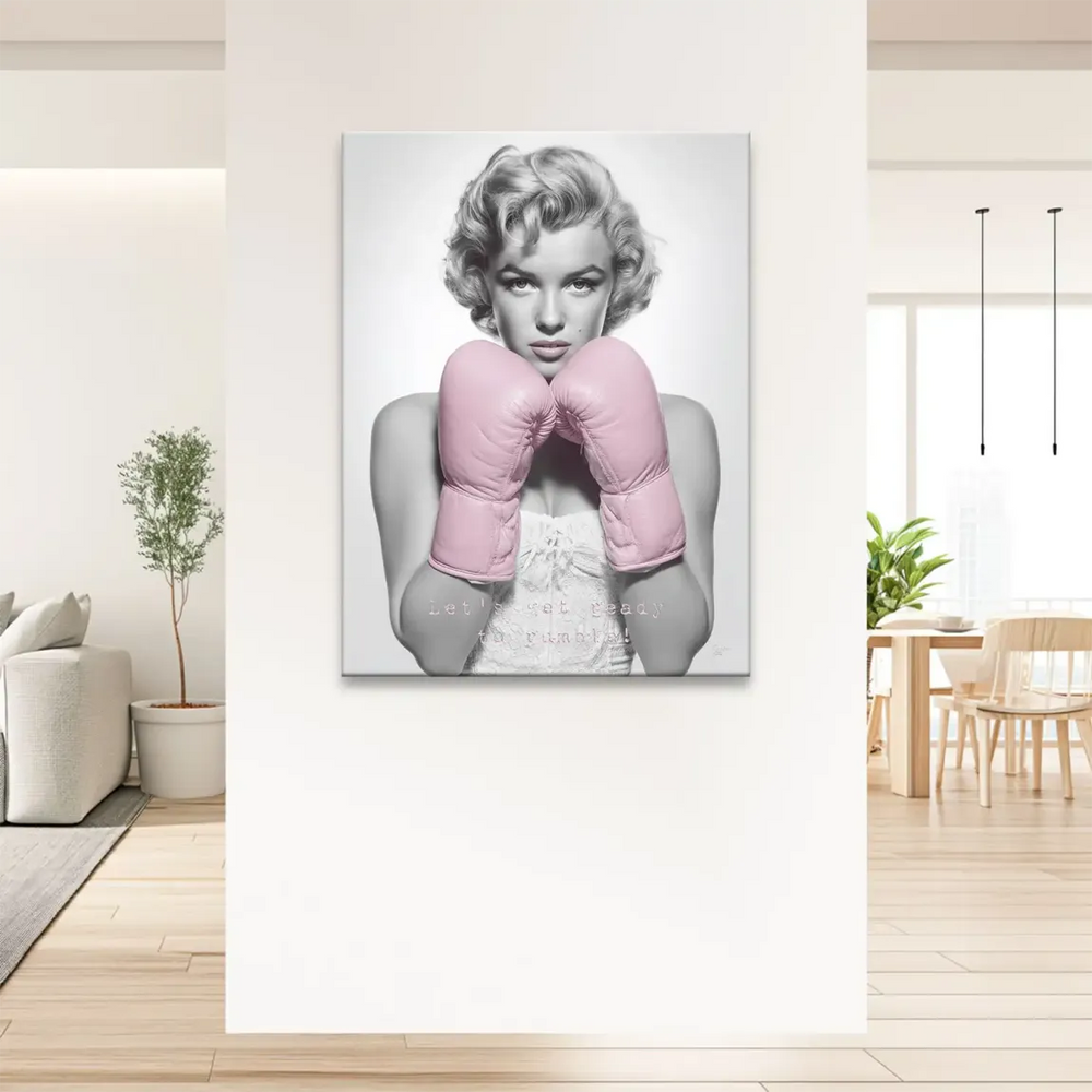 Glamorous Marilyn Monroe boxing artwork with bold gaze for chic interiors.