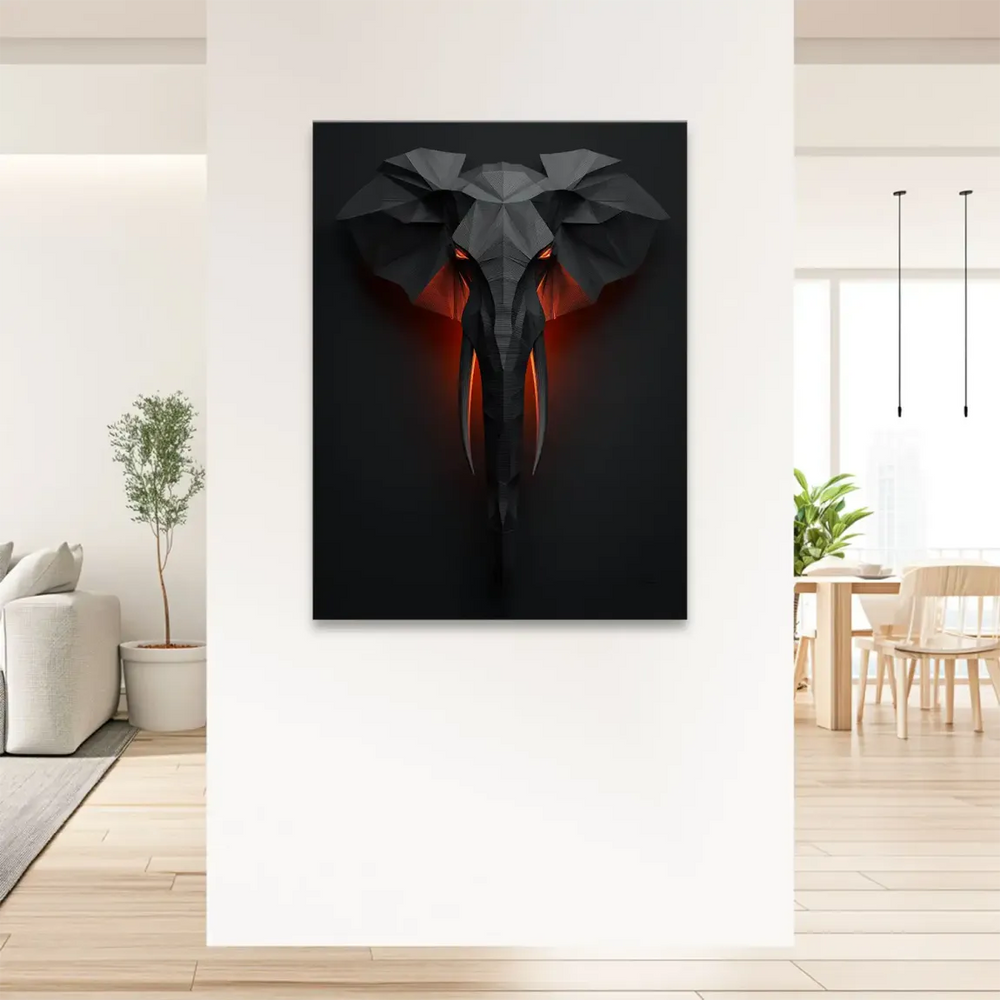 Abstract wall decor featuring a bold elephant portrait with orange eyes