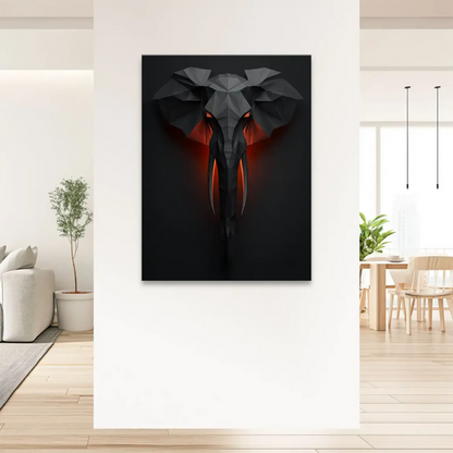 Abstract wall decor featuring a bold elephant portrait with orange eyes