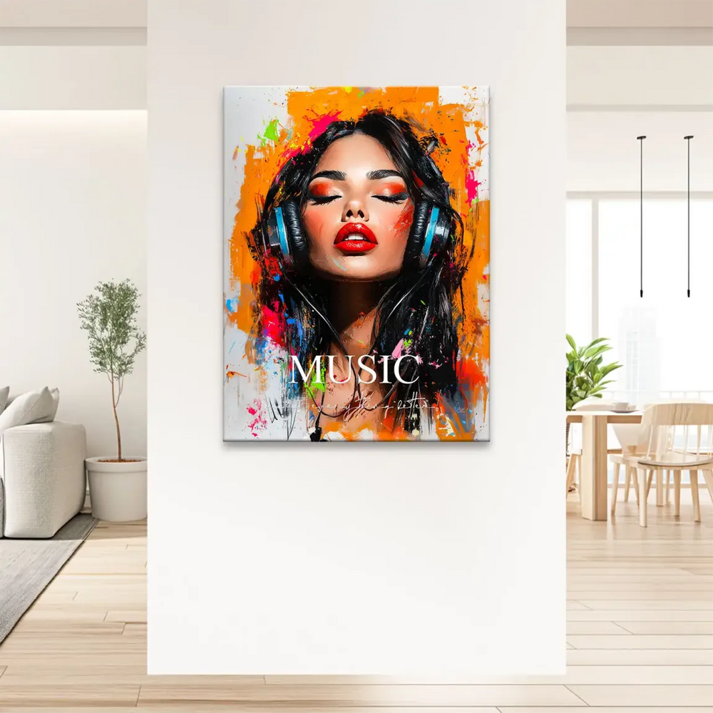 Orange background with bold brushstrokes and colorful splatters around a serene female figure.