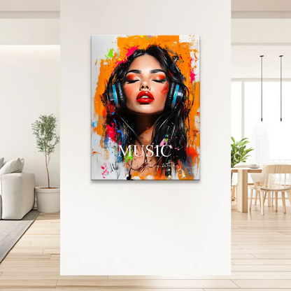 Orange background with bold brushstrokes and colorful splatters around a serene female figure.