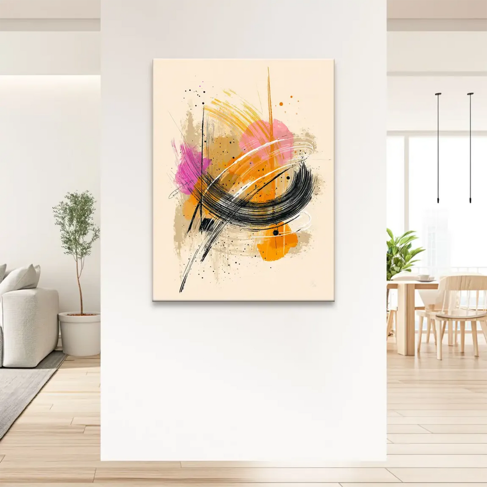 Dynamic lines and scattered speckles add movement to a modern abstract canvas