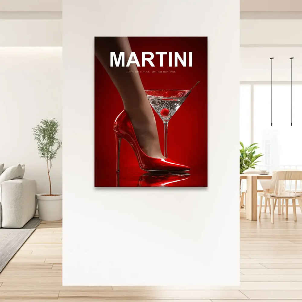 Minimalist glamorous wall decor: Martini Red Desire canvas with red and white color scheme and bold typography.