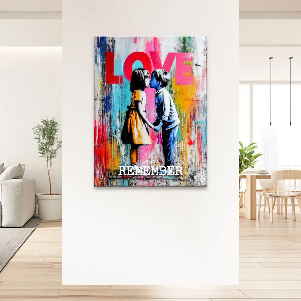 Prominent red and pink LOVE lettering above the kissing scene
