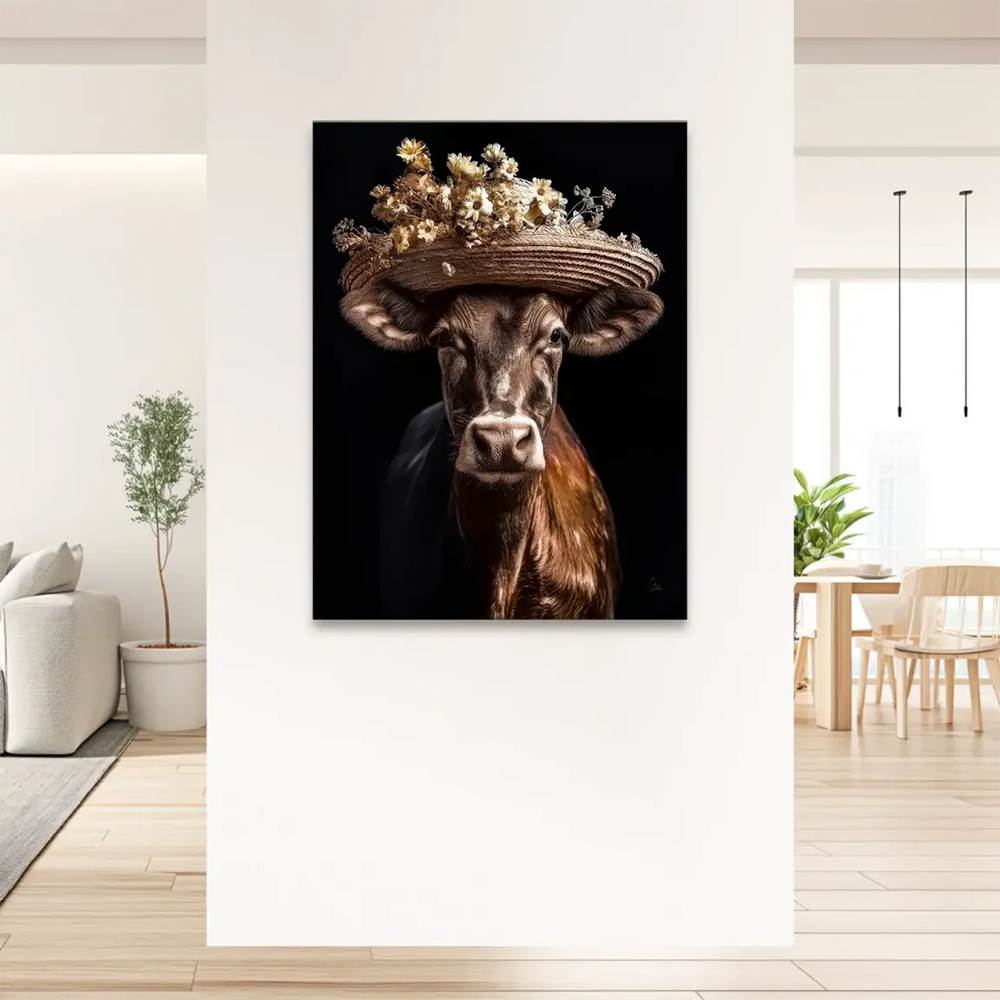 Symmetrical canvas art of a cow with rustic straw hat